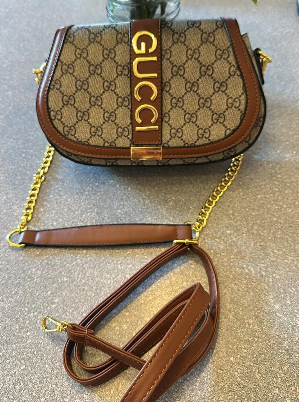 ♡♡♡ Tan Monogram Crossbody with Gold Lettering and Hardware